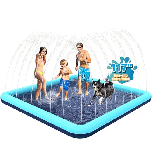 117'' Splash Pad for Dogs, Non-Slip Sprinkler for Kids, Square Splash Pad for Kids Ages 4-8, Splash Pads for Toddlers 1-3, Dog Sprinkler Shallow Pool, Outdoor Water Toys for Backyard, Teal