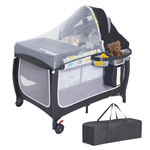 ANNA QUEEN 4 in 1 Pack and Play,Portable Baby Crib Deluxe Nursery Center, Foldable Travel Playard with Bassinet,Adjustable Canopy,Music Box,Changing Table for Newborn, Infant, Toddler