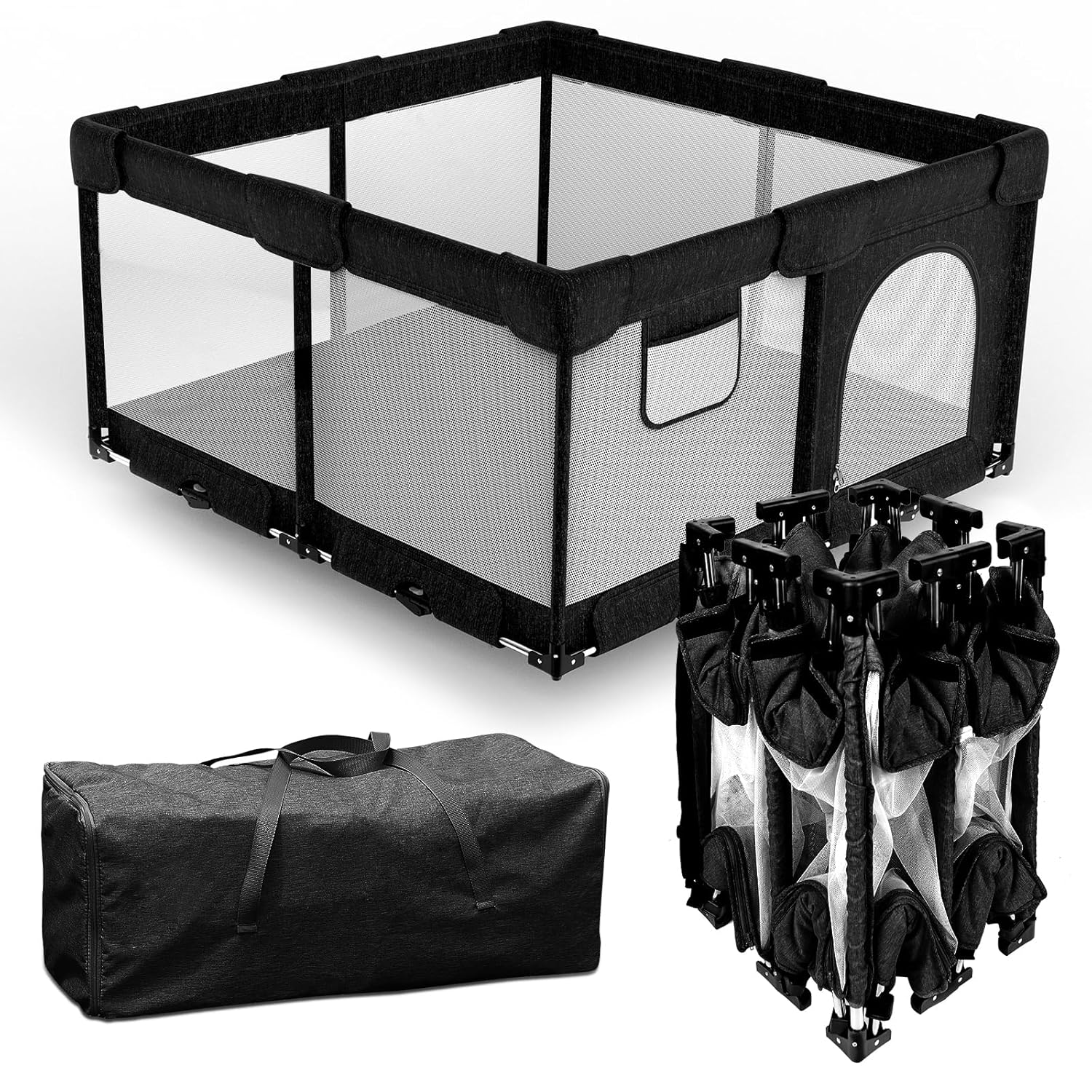Foldable Baby Playpen with Gate, Extra Large Collapsible Play Yard for Babies & Toddlers, Portable Travel Play Pen with Fence, Safe Activity Center for Indoor & Outdoor Use (51"51" Black)