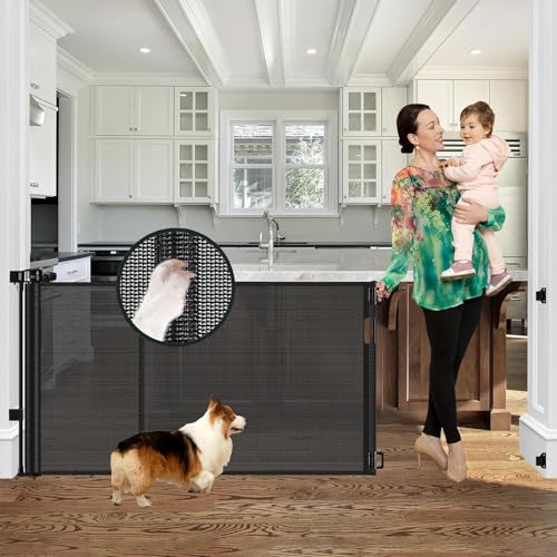 Reinforced 60" Wide Retractable Baby Gates with Upgraded Rods - Bottom Anti-Escape, 5 ft Mesh Baby Gate Retractable Dog Gate Indoor Pet Gate Retractable Stair Gate Outdoor Retractable Gate, Black