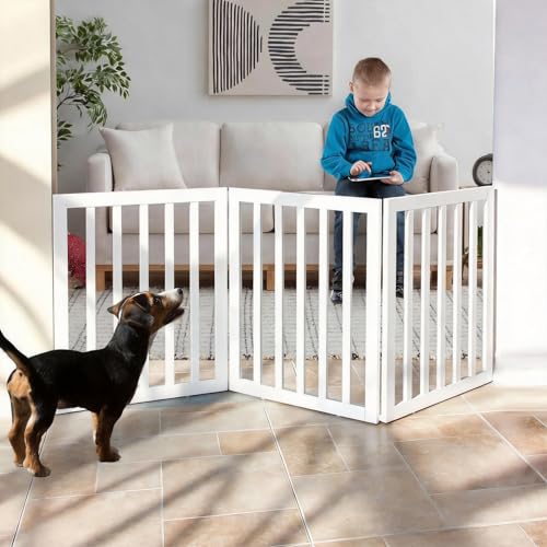 Dog Gate Indoor, Freestanding Dog Fence for The House, Doorways, Hallways,or Stairs,Pet Gate Foldable Wooden,Expandable 24" Height 3 Panels,White