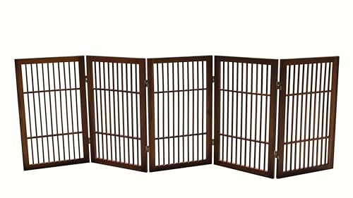 Pet Dog Gate Strong and Durable Freestanding Folding Acacia Hardwood Portable Wooden Fence Indoors or Outdoors by Urnporium (Brown Pet Gate, 5 Panel 30" Tall)