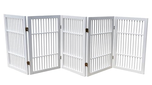 Pet Dog Gate Strong and Durable Freestanding Folding Acacia Hardwood Portable Wooden Fence Indoors or Outdoors by Urnporium (White Pet Gate, 5 Panel 30" Tall)