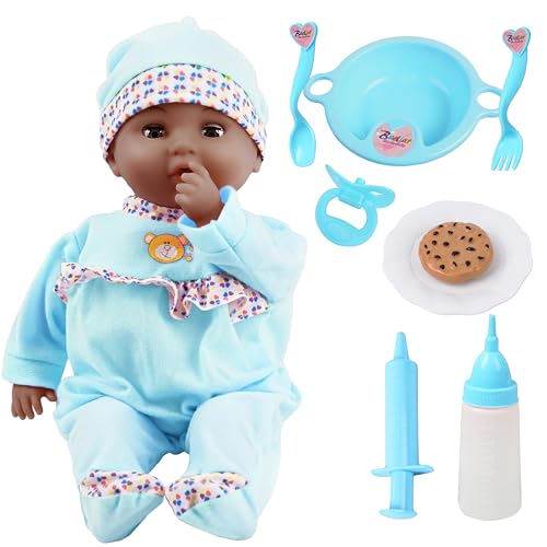 Toy Choi's Interactive Baby Doll Blue - 16 Inch Crying Talking Feeding Dolls with Different Sounds and Accessories, Pretend Play Preschool Toys for 2 3 4 5+ Year Old Girls Boys Gift, Black Doll