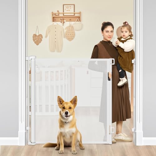 42" Tall X 60" Wide Retractable Dog Gate Extra Tall Baby Gates for Doorways Tall Pet Gate for Cats Adjustable Baby Gates for Dogs Indoor Outdoor Extra Tall Mesh Gates for Kids or Pets (White)