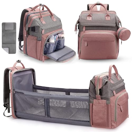 DERJUNSTAR Diaper Bag Backpack  Large Capacity Baby Diaper Bag with Changing Pad, Waterproof Travel Backpack for Boys & Girls, Multi-Function Baby Bag with USB Charging Port, Rose Pink