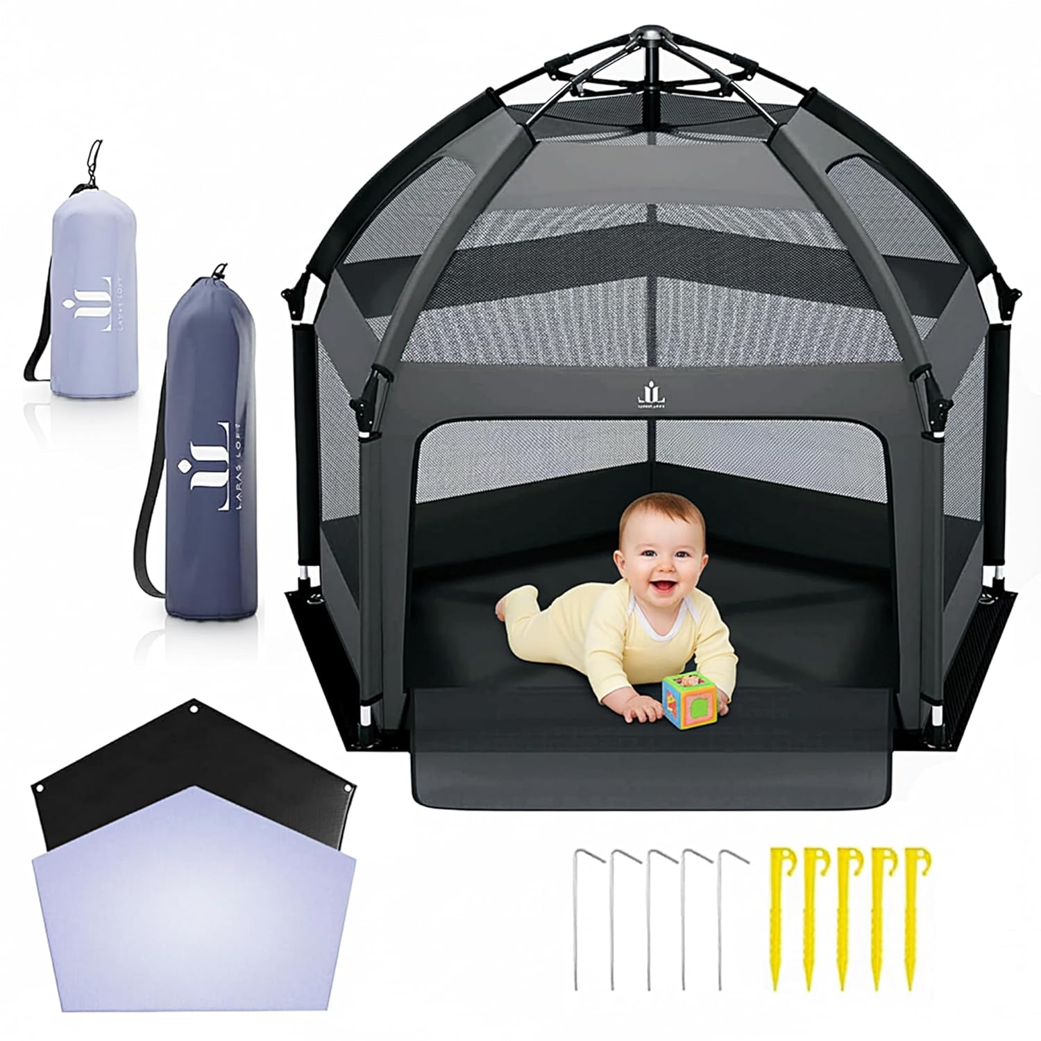 Premium Portable Pop-Up Baby Playpen 55"x38"x47"  Foldable Indoor & Outdoor Play Yard with UPF 50 Sunshade, Self-Inflating Mat, Wind Protection & Carry Bag | Travel Baby Tent for Beach, Park & Home
