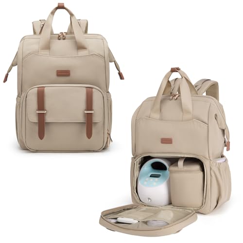 mommore Diaper Bag Backpack, Breast Pump Backpack for Spectra S1,S2 Medela Pumping Backpack for Working Moms with 15.6 inch Laptop Sleeve, Champagne