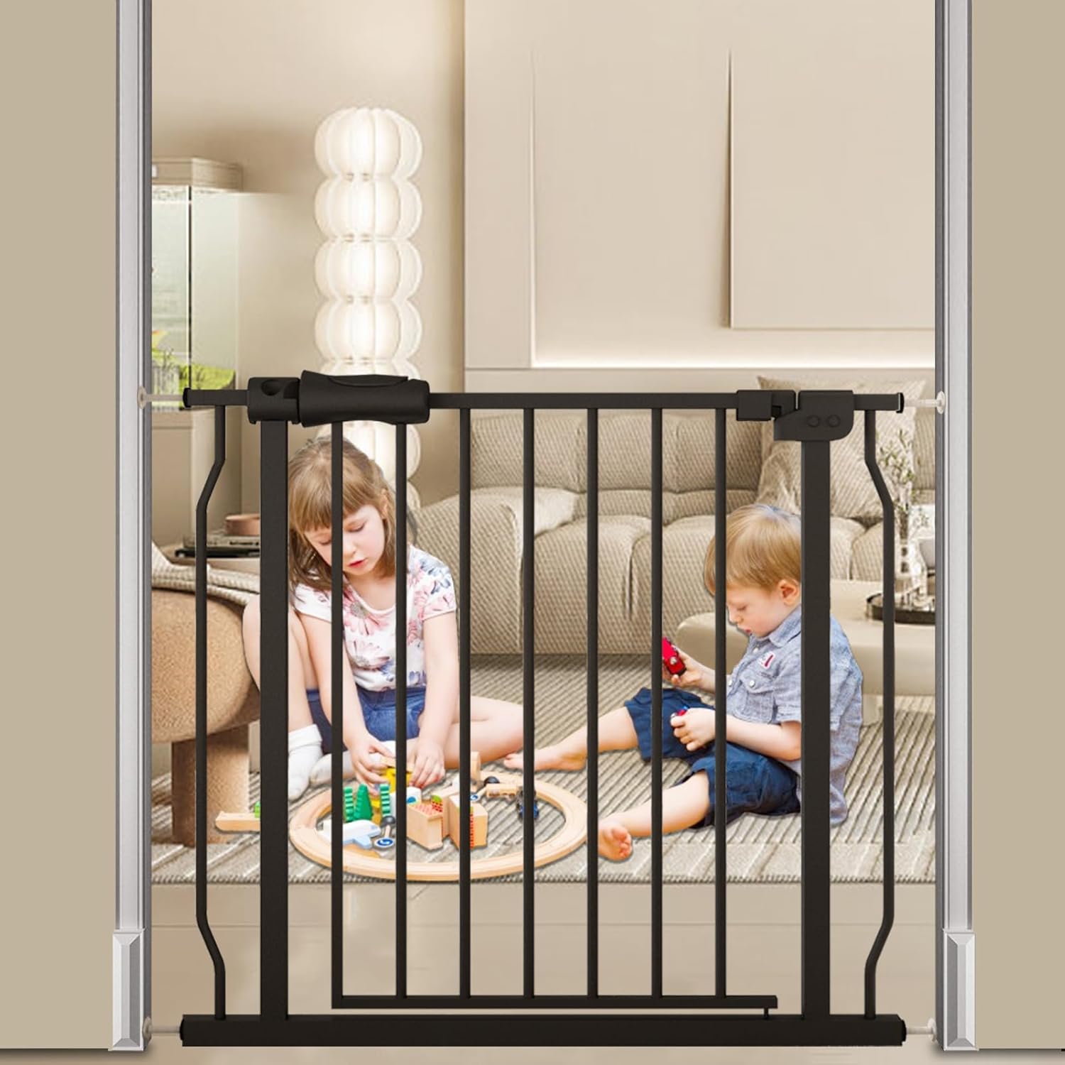 Baby Gate for Stairs 29.13"-33.86" Wide Dog Gates for Doorways Pressure Mounted Pet Gate Walk Through Metal Child Indoor Safety Gates No Drilling (Black, 29.13"-33.86"/74-86CM)