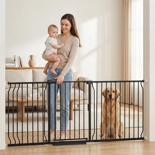 Extra Wide Baby Dog Gates for Doorways Tension Indoor Safety Gates Black Metal Large Pressure Mounted Pet Gate Walk Through Dog Gate for The House Stairs (Black, 76.38"-86.3"/194-219CM)