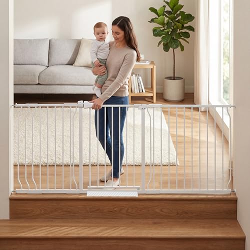 Extra Wide Baby Gates Large Long Dog Gates for Doorways Stairs Pressure Mounted Dog Pet Gate Walk Through Metal Child Indoor Safety Gates (White, 76.38"-81.10"/194-206CM)