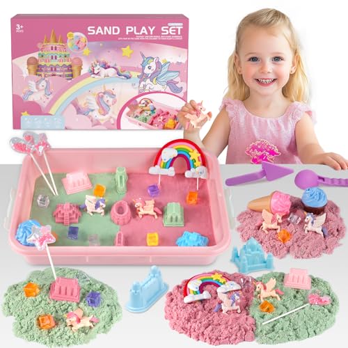 Unicorn Sensory Sand Bin Kit for Girls, Magic Art Unicorn Castle Ice Cream Molds, 2.2lbs Colorful Play Sand, Tools Sandbox with Lid Great Christmas Birthday Magic Sand Gift for Toddlers 3 4 5 6 7 8