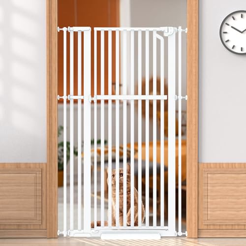 Senneny 63 Extra Tall Cat Gate Auto Close & One-Hand Open, Includes Extension Kits, No Drilling Pressure Mounted Kits and Wall Mounted Kits, Metal Pet Gate Fits Openings 33.4 to 37.4 Wide, White