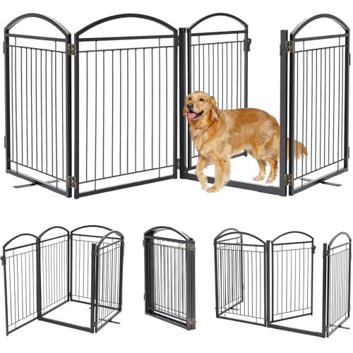 Full Metal Free Standing Dog Gate with Door for Indoor & Outdoor,96'' Extra Wide 32'' Tall Dog Gate for The Doorways,Large Openings,Decks,Porch,Pet Freestanding Safety Fence(4 Panels,Black)