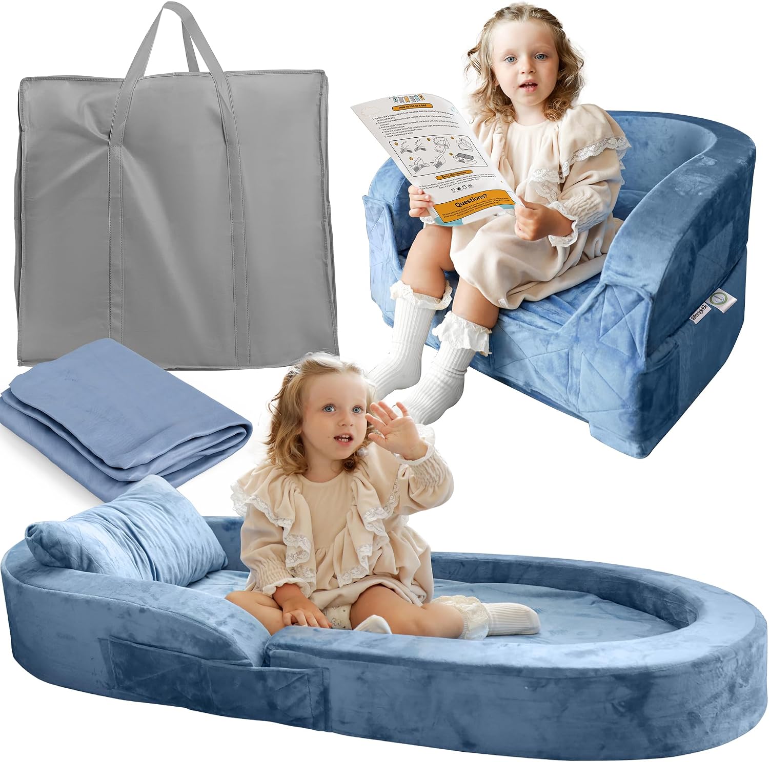 Sleepah Toddler Travel Bed & Chair  Foam Raised Safety Bumpers (55" x 26" x 8")  Foldable Portable Cot for Children 18M  6yr Old - Fold Out Sofa Couch Lounger with Sheet Pillow & Case (Blue)