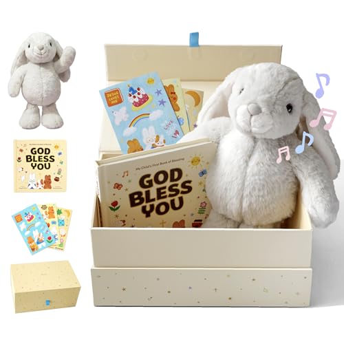 HELLO 2 KIDS Praise Bunny Christian Baby Gift Set  11 Musical Plush with 3 Bible Songs, Blessing Book, Keepsake Box & Stickers  Perfect Christmas, Baptism, Christening Gift for Boys & Girls