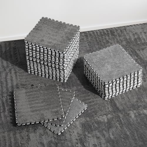 36 Pcs Plush Interlocking Carpet Tiles, Non-Toxic Shaggy Foam Carpet Tiles for Toddler Baby, Machine-Washable, Anti-Slip, EVA Foam Interlocking Tiles for Floor, Nursery, Playroom, Grey