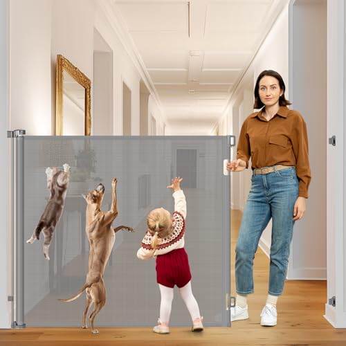 4ft Extra Tall Retractable Baby Gates for Doorways 48 Inch Tall Retractable Dog Gate Indoor 85" Wide Child Gate for Stairs High Mesh Puppy Gates for the House Prevent Kids/Pets from Jumping Over, Gray