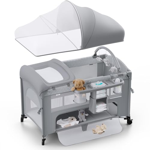 4 in 1 Baby Bassinet, Pack and Play, Bedside Crib Sleeper, Diaper Changer - Comes with Mattress, Mosquito Net,Bottom Storage and Toy Bar for Newborn to Toddles
