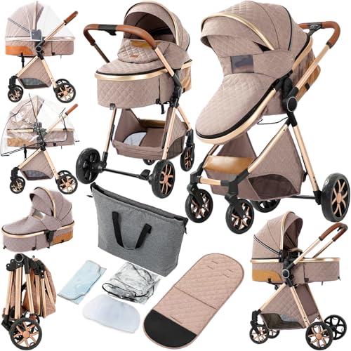 2 in 1 Baby Stroller, Convertible Pram, Reversible Standard Stroller, Portable Baby Buggy, Infant Carriage, Foldable High Landscape Pushchair for Toddler Newborn (225 Khaki)