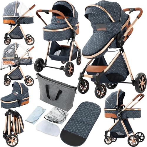 2 in 1 Baby Stroller, Convertible Pram, Reversible Standard Stroller, Portable Baby Buggy, Infant Carriage, Foldable High Landscape Pushchair for Toddler Newborn (225 Blue)