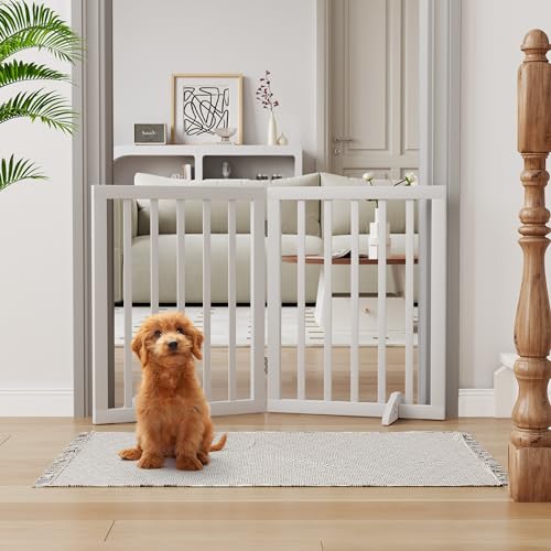Semiocthome Freestanding Wooden Dog Gate, 24" H, White, for Puppies & Dogs, Adjustable Width, 2 Panels Fully Assembled