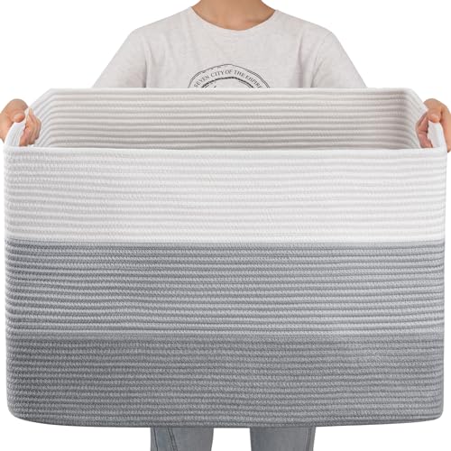 OIAHOMY 108L Super Large Blanket Basket, 25x16x16(108L) Rectangle Woven Baskets for Storage, Cotton Rope Basket For Living Room, Toy Storage with Handle - Gradient Grey