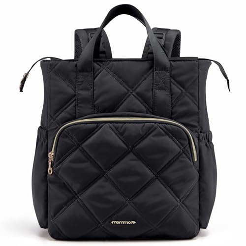 mommore Quilted Diaper Bag Backpack, Small Baby Bags, Lightweight Mini Diaper Backpack for Travel, with Insulated Pockets, Changing Pad (Black)