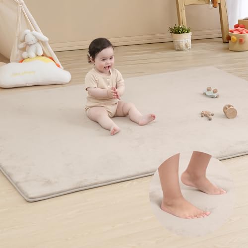 Memory Foam Baby Play Mat for Playpen,Thick&Large Soft Velvet Tummy Time Mat for Kids,Toddlers,Infants,Non Slip for Hardwood Floor Nursery&Playroom(79"118"0.8",Beige)
