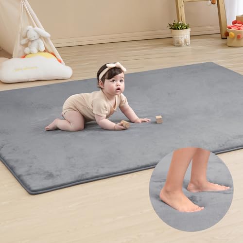 Memory Foam Baby Play Mat for Playpen,Thick & Large Crawling Mat for Floor,Soft Velvet Tummy Time Surface,Non-Slip Play Area for Kids,Toddlers,Infants in Nursery & Playroom(59"79"0.8",Dark Gray)