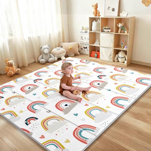 79 x 71 Baby Play Mats for Floor, Foldable Foam Play Mat for Babies 0-12 months,Thick & Waterproof Playmate for Baby, Non Toxic Baby Tummy Time Activity Playmat, Reversible Playpen Mat for Infant