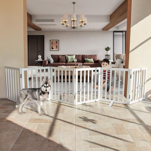 Dog Gate Indoor, Freestanding Dog Fence for The House, Doorways, Hallways,or Stairs,Pet Gate Foldable Wooden,Expandable 24" Height 6 Panels,White