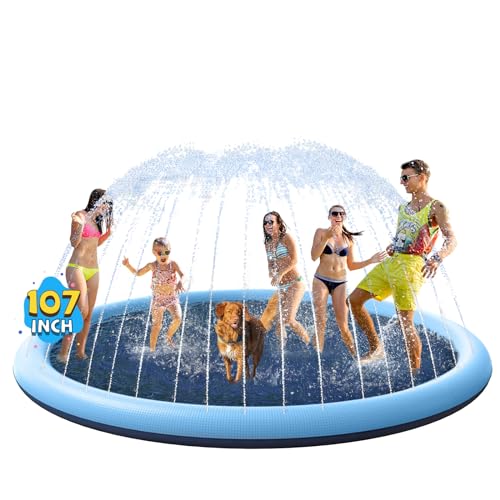 VISTOP Non-Slip Splash Pad for Kids and Dog, Thicken Sprinkler Pool Summer Outdoor Water Toys - Fun Backyard Fountain Play Mat for Baby Girls Boys Children or Pet Dog (107 inch, Blue&Blue)