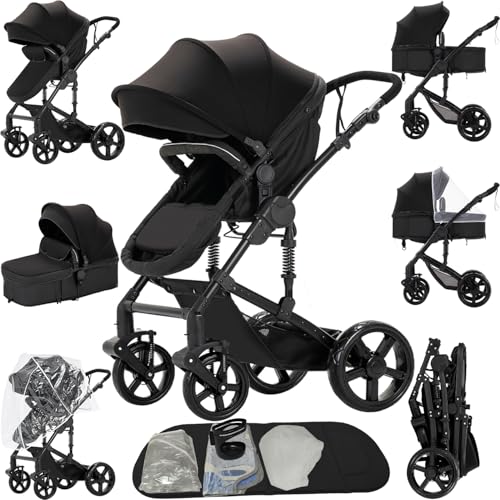 2 in 1 Baby Stroller, Convertible Foldable Standard Stroller, Reversible Pushchair Infant Buggy Carriage, Portable High Landscape Pram for Toddler Newborn, Aluminum Alloy (2US588-BLACK)