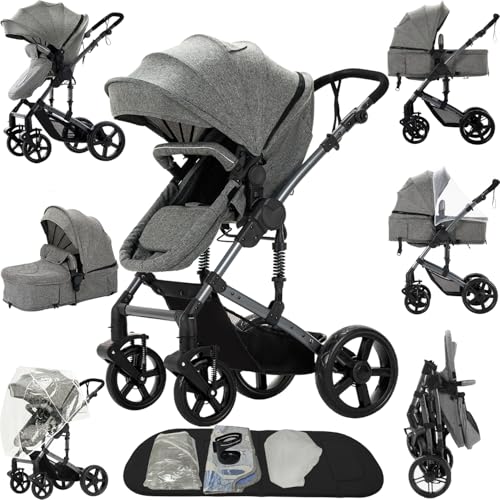 2 in 1 Baby Stroller, Convertible Foldable Standard Stroller, Reversible Pushchair Infant Buggy Carriage, Portable High Landscape Pram for Toddler Newborn, Aluminum Alloy (2US588-GREY)