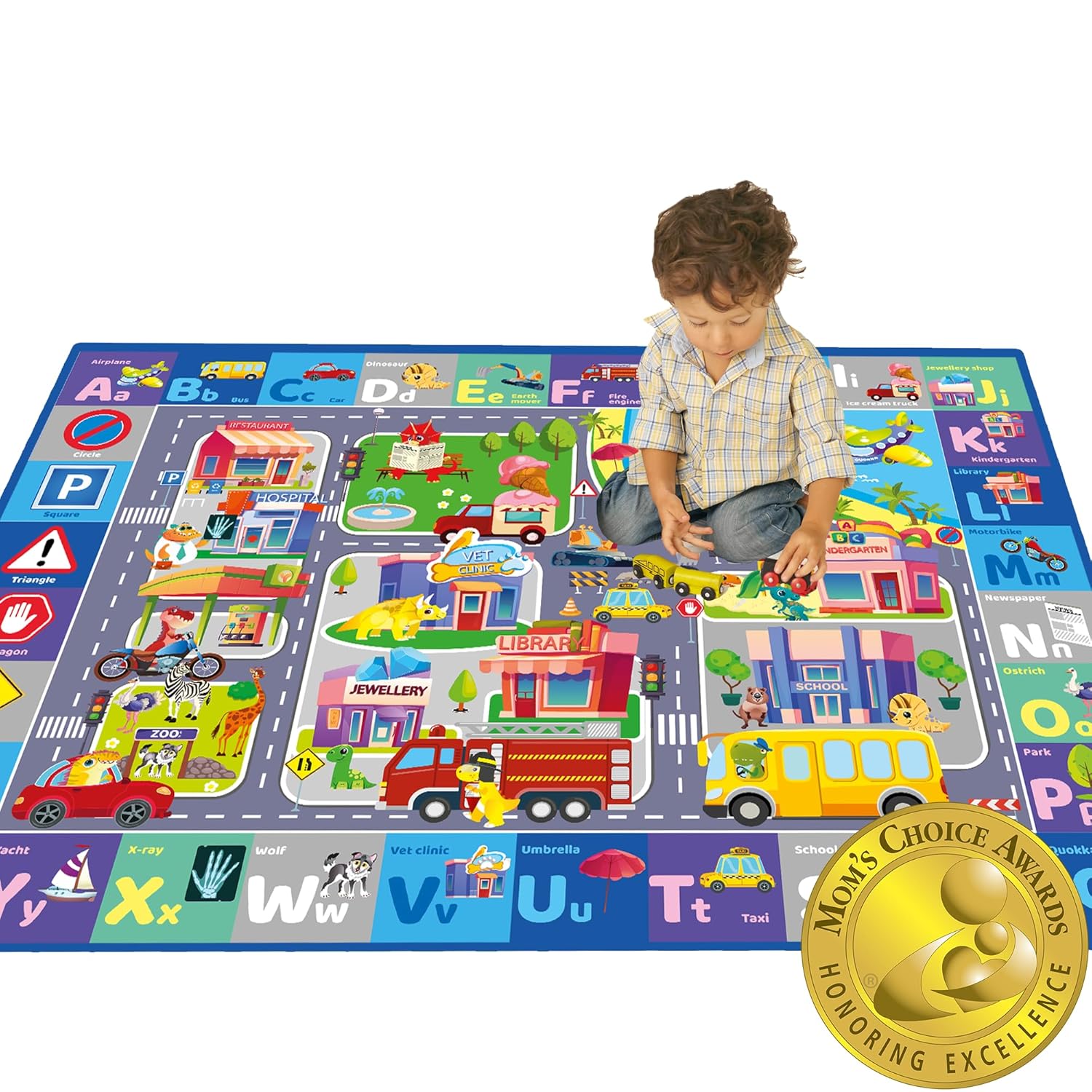 QUOKKA Floor Large Nursery Rug for Babies - Super Soft ABC Rug for Kids Toddlers & Infants - Extra Thick (0.3in) Large Padded Non-Slip Car Nursery Rug with City - Foldable Rug for Playroom