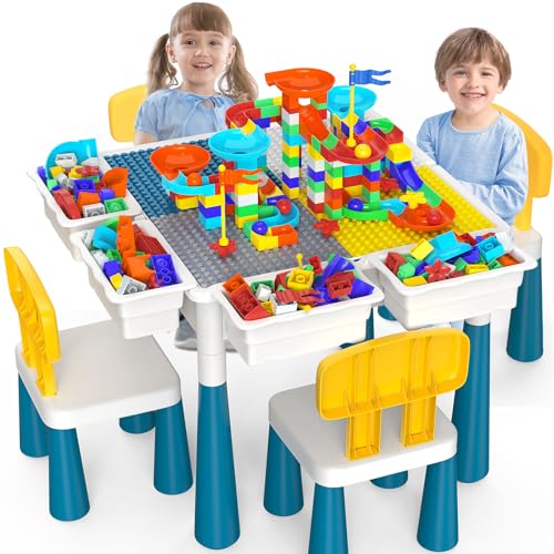 Toddlers Kids Table and Chair Set: Activity Table with 152Pcs Large Marble Run Building Blocks 4 Chairs Storage All in One Play Sensory Water Tables Sand Tables for Boys Girls 3 4 5 6 Year Old