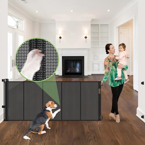 96 Inch Wide Reinforced Retractable Baby Gate with Support Rods, Extra Long Dog Gate Retractable Gate Outdoor Gates for Decks, Prevent Crawling Under Extra Long Baby Gates for Large Openings, Black