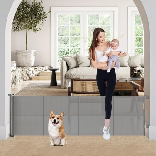 24" Tall X 80" Wide Retractable Baby Gates, Short Dog Gates to Step Over, Reinforced Mesh Pet Gate with Support Rods, Small Puppy Gates for The House, Gray