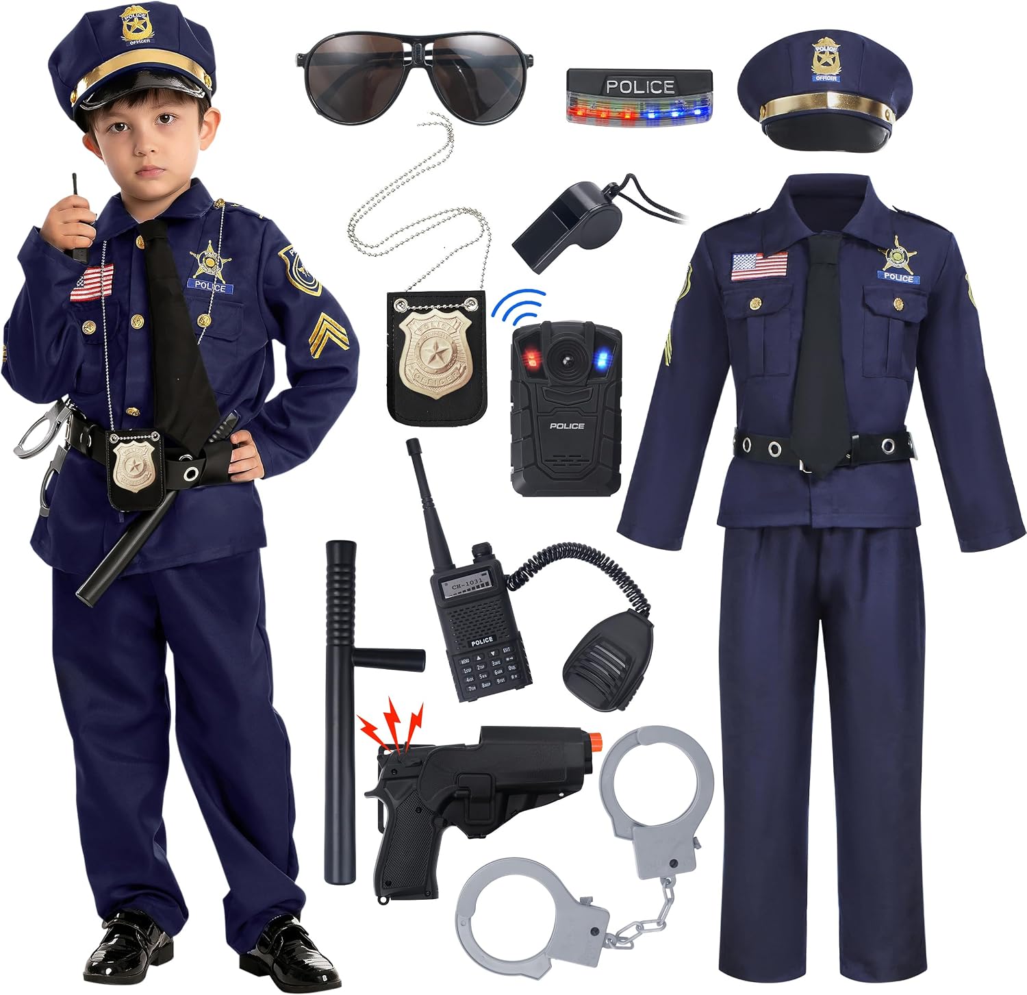 Spooktacular Creations 14PCS Halloween Police Costume for Kids, Police Officer Costume for Boys, Toddler RolePlay Party