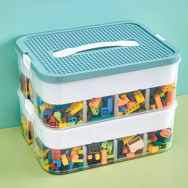 Toys Organizer Storage Case for Lego Box Kids Toy Stackable Building Blocks with Lids Bins Adjustable Lego Storage Containers Plastic Toy Box Green 2 Layers