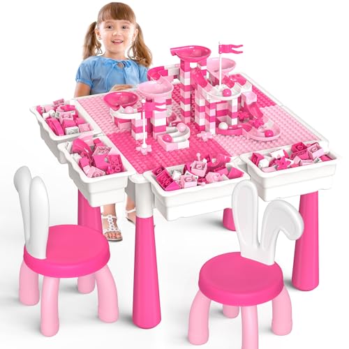 Kids Toddler Table and Chair Set: Water Table Activity Tables with 152Pcs Large Marble Run Building Blocks 2 Rabbit Chairs Storage All in One Play Sensory Sand Tables 3-6 Year Old Girl Toy Gift
