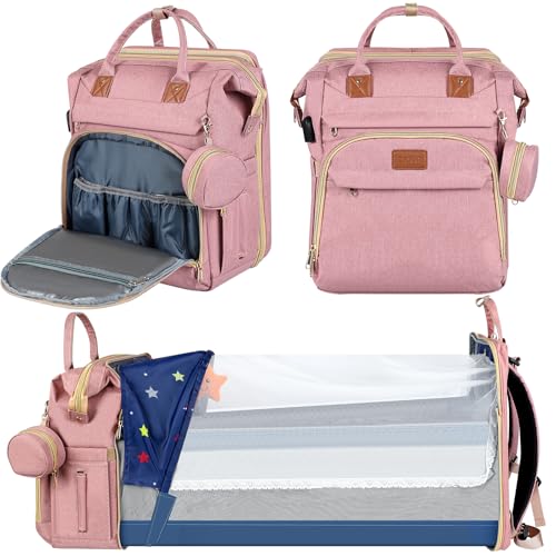 Baby Diaper Bag Backpack,Baby Shower Gifts, Multifunctional Travel Diaper Bag, Gifts for Mom with Portable Diaper Pad,Pink