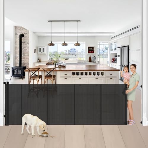 Reinforced 42 Tall x 100 Extra Wide Retractable Baby Gates for Doorways Extra Tall Pet Gate with Rods to Prevent Crawling Through, Dog Gate for Large Openings Extra Long Mesh Gate, Black