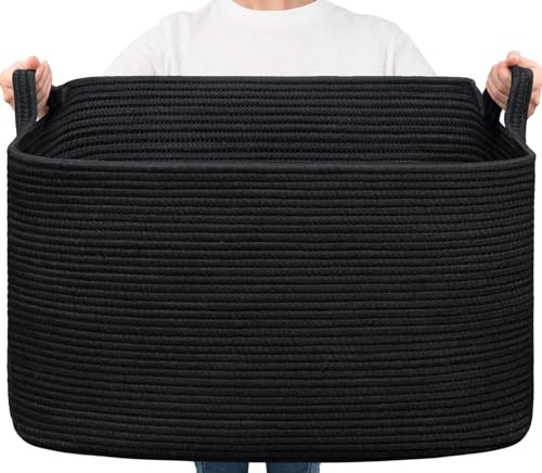 Goodpick Extra Large Storage Basket, 23.6" x 15.7" x 13.8" Rectangle Cotton Rope Basket for Blankets, Pillows, Toys, Woven Dirty Clothes Baskets for Laundry, Black