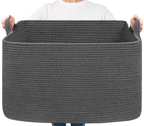 Goodpick Storage Basket, Rectangle Dirty Clothes Baskets for Laundry, Woven Basket for Living Room, Extra Large Cotton Rope Baskets for Toys, Blankets, 23.6" x 15.7" x 13.8", Dark Gray