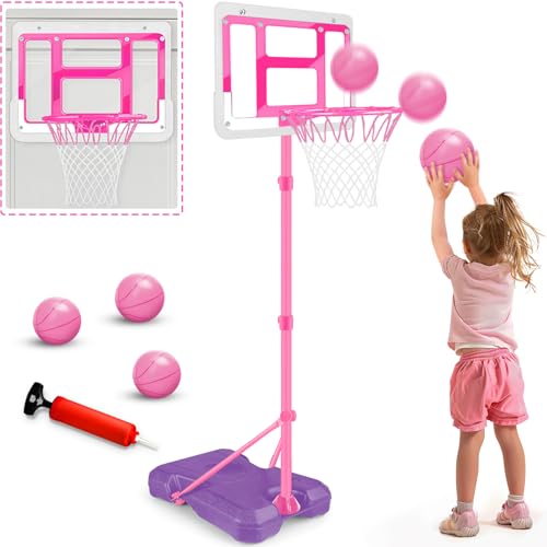 Kids Basketball Hoop with Stand, Adjustable Basketball Set, Toddler Basketball Toys for Boys Age 3 4 5 6 7 8, Indoor Outdoor Backyard Sport Game Gifts Pink