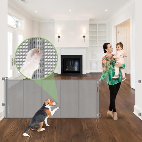 96 Inch Wide Reinforced Retractable Dog Gate with Support Rods