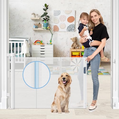 Reinforced Retractable Baby Gates with Support Rods, Retractable Pet Gate for Dog Prevent Bottom Crawling Through, Extends up to 55 Wide, Reinforced Mesh Stairs Gate for Kids Child Safety Gate, White