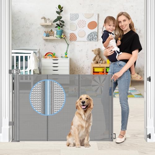 Reinforced Retractable Baby Gates with Support Rods, Retractable Gate for Babies and Pets Prevent Bottom Crawling Through, Extends up to 55 Wide, Mesh Dog Gate for The House Indoor Outdoor, Gray